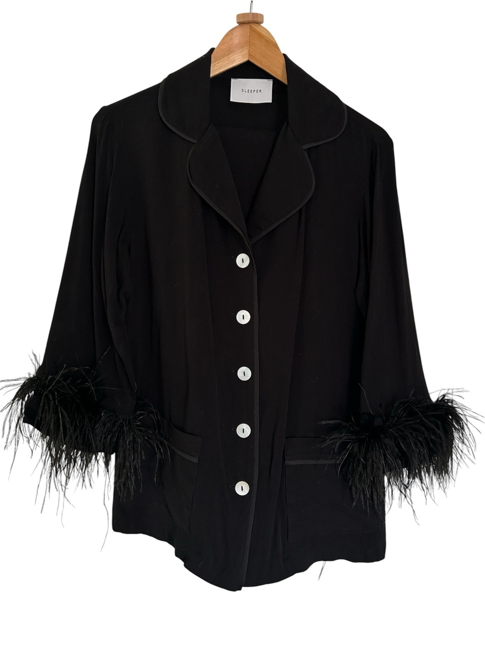 SLEEPER Party PJ Set with Detachable Ostrich Feathers in Black in Size S